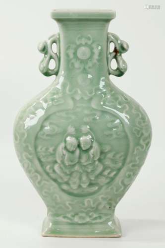 Chinese Pale Celadon Porcelain 4 Sided Vase