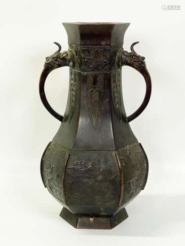 Japanese Ming-Type Bronze Hexagonal Vase