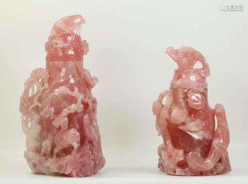2 Large Chinese Carved Pink Quartz Covered Urns