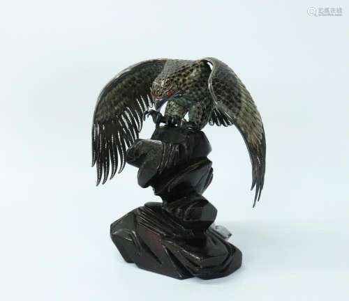 Chinese Enameled Silver Wire Hawk; "Rock" Stand