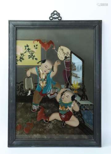 Chinese Reverse Painting on Glass, Baby Boys