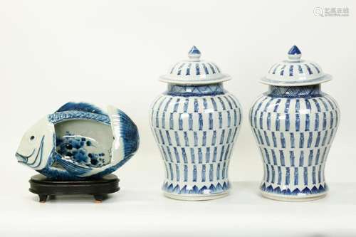 Pr Chinese Blue White Porcelain Shou Jars; Fish