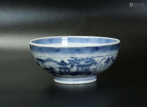 Chinese 19 C Blue & White Canton Porcelain Bowl