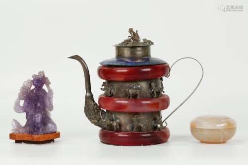 Chinese Metal Teapot, Agate Round Box, Amethyst