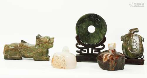 3 Chinese Green Jade Carvings; 2 Agate Bottles