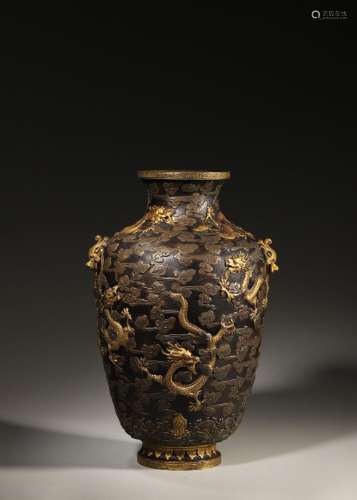 A cloud and dragon embossed double-eared gilding copper vase...