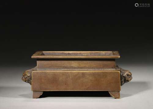 A squared copper censer with lion shaped ears,Ming Dynasty,C...