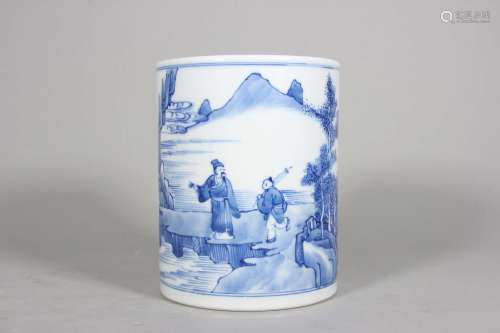 A blue and white landscape and figure porcelain brush pot,Qi...