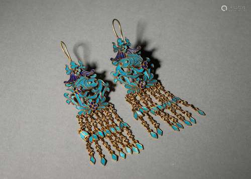 A pair of gilding silver tian-tsui fish earrings,Qing Dynast...