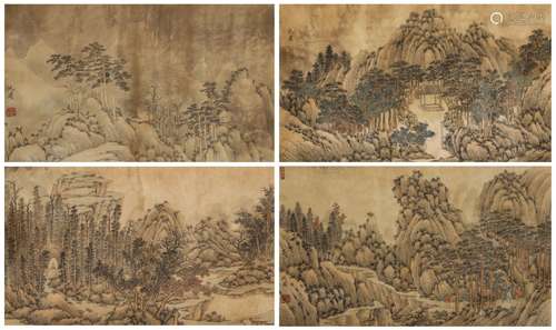 4 scrolls of Chinese landscape painting, Shen Zhou mark