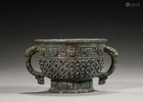 A taotie patterned double-eared bronze pot,Han Dynasty,China