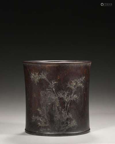 An inscribed bamboo patterned red sandalwood brush pot,Qing ...