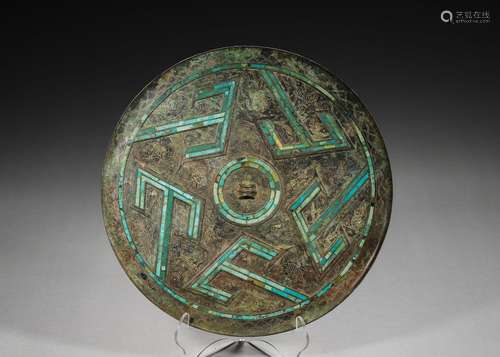 A turquoise-inlaid bronze mirror,Han Dynasty,China