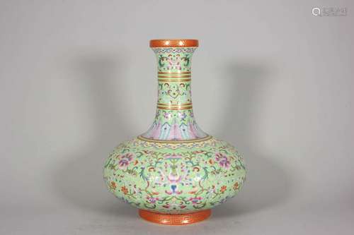 A turquoise glaze famille rose flower porcelain vase,Qing Dy...