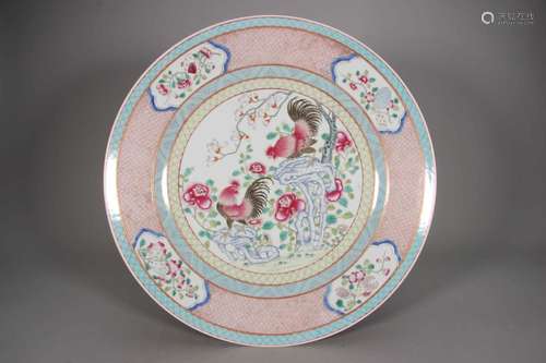 A famille rose flower and rooster porcelain plate,Qing Dynas...