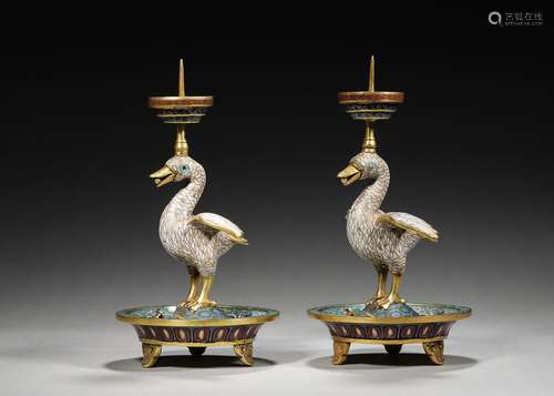 A pair of cloisonne crane with turtle candlesticks,Qing Dyna...