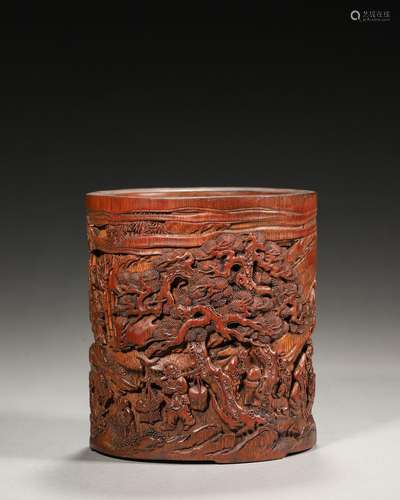 A figure carved bamboo brush pot,Qing Dynasty,China