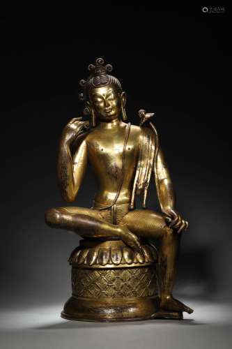A gilding copper Guanyin bodhisattva statue,Fourteenth Centu...