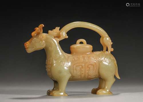 A loop-handled beast shaped jade pot,Han Dynasty,China