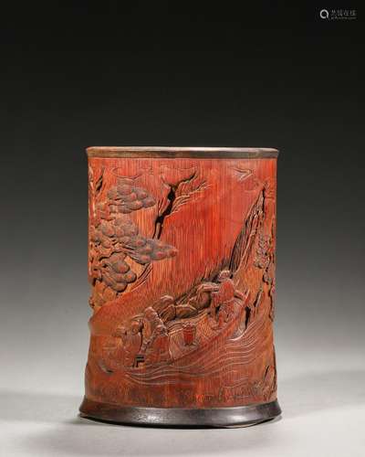 A figure carved bamboo brush pot,Qing Dynasty,China