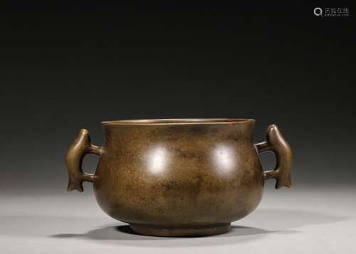 A bowl shaped copper censer with fish shaped ears,Qing Dynas...