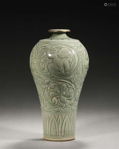 A figure carved Longquan kiln porcelain meiping,Song Dynasty...