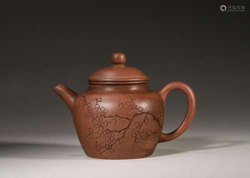 An inscribed plum blossom zisha clay teapot