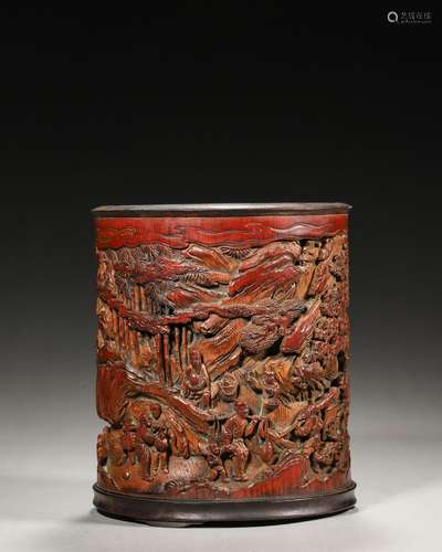 A figure carved bamboo brush pot,Qing Dynasty,China