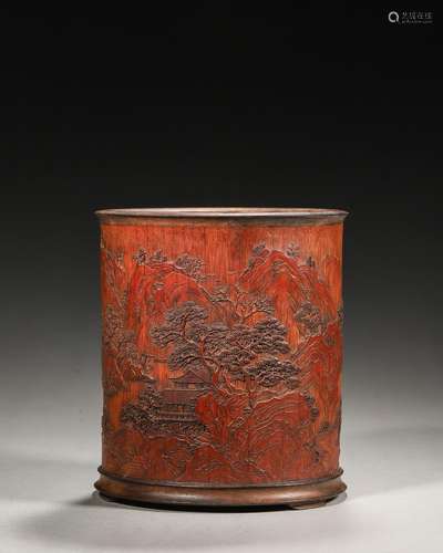 A landscape and figure carved bamboo brush pot,Qing Dynasty,...