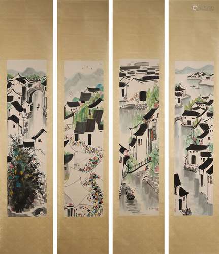 4 scrolls of Chinese landscape painting, Wu Guanzhong mark