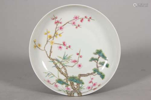 A famille rose pine, bamboo and plum blossom porcelain plate...