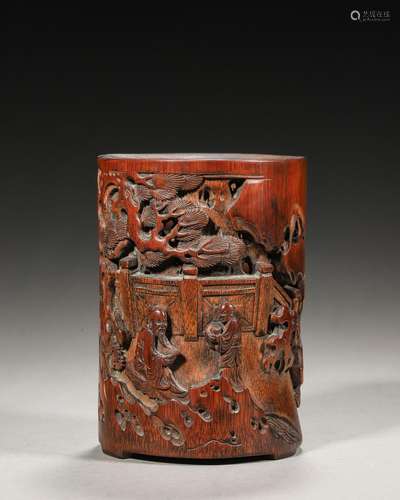 A figure carved bamboo brush pot,Qing Dynasty,China