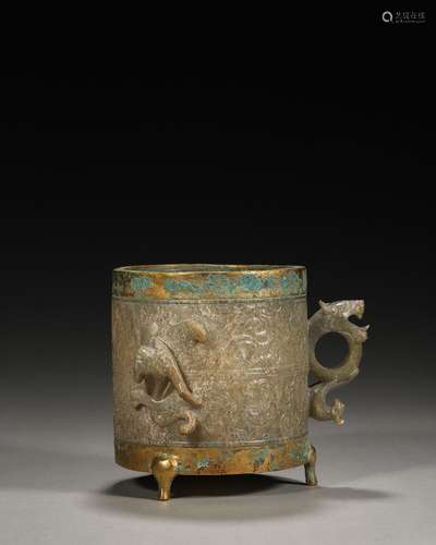 A dragon embossed jade gilding copper-inlaid cup,Han Dynasty...