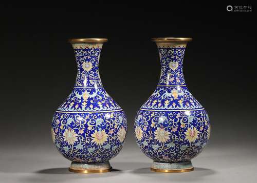 A pair of interlocking lotus patterned copper enamel vases,Q...