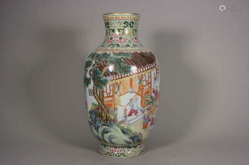 A famille rose figure porcelain lantern-shaped vase,Qing Dyn...