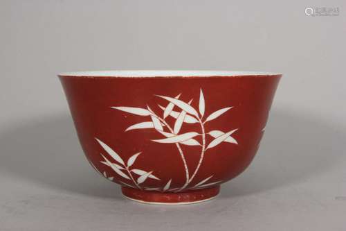 An iron red ground white bamboo porcelain bowl,Qing Dynasty,...