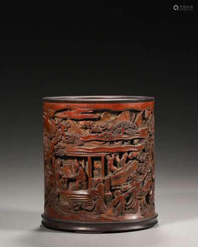 A figure carved bamboo brush pot,Qing Dynasty,China