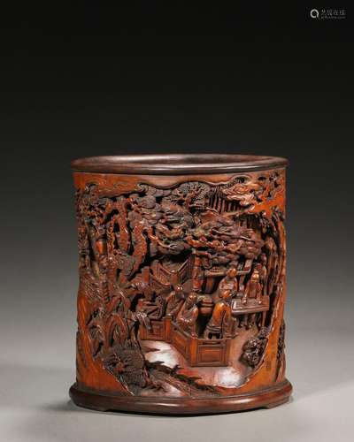 A figure carved bamboo brush pot,Qing Dynasty,China