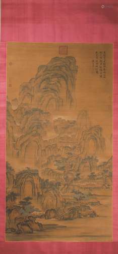 A Chinese landscape silk scroll painting, Tangyin mark