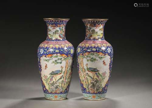 A pair of phoenix and peony patterned copper enamel vases,Qi...