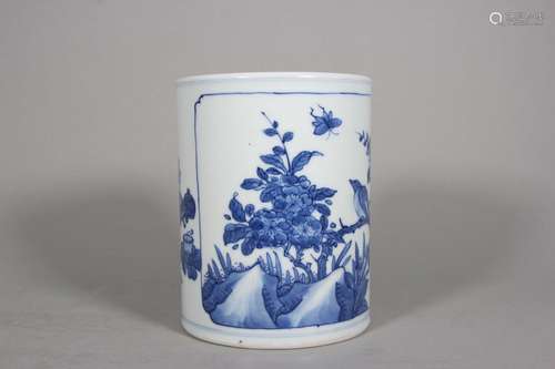 A blue and white flower and bird porcelain brush pot,Qing Dy...