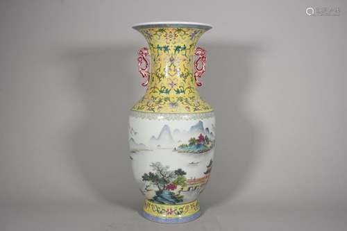 A famille rose landscape porcelain double-eared vase,Qing Dy...