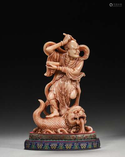 A Shoushan soapstone arhat and dragon ornament,Qing Dynasty,...