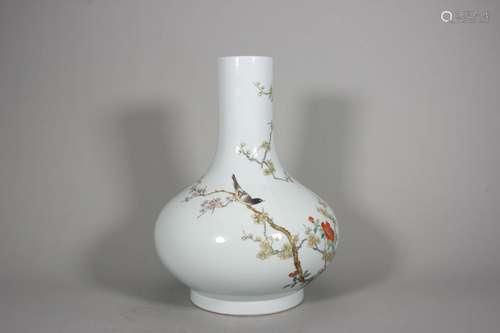 A famille rose magpie and plum blossom porcelain vase,Qing D...