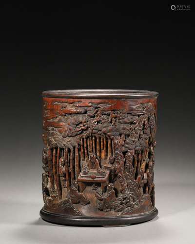 A figure carved bamboo brush pot,Qing Dynasty,China