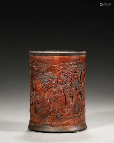 A figure carved bamboo brush pot,Qing Dynasty,China