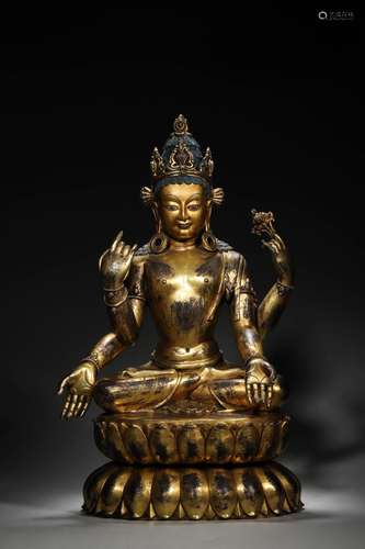 A gilding copper four-armed Guanyin bodhisattva statue,Fourt...