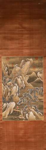 A Chinese landscape silk scroll painting, Wen Zhengming mark