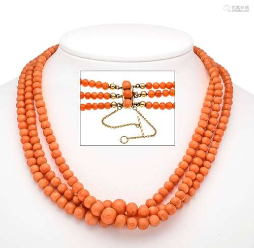 3-row coral necklace with box