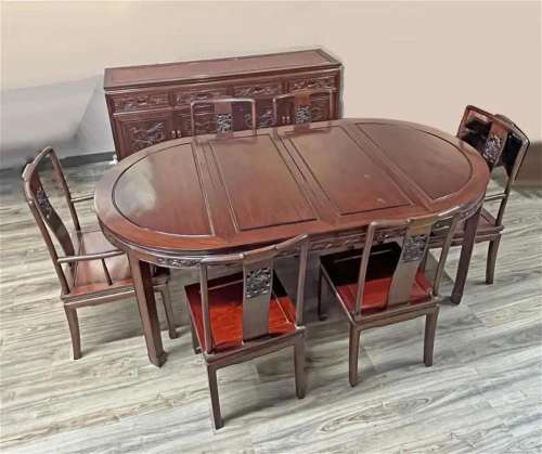 A 9Pcs Dining Extendable Table Set w/Buffet 1980s